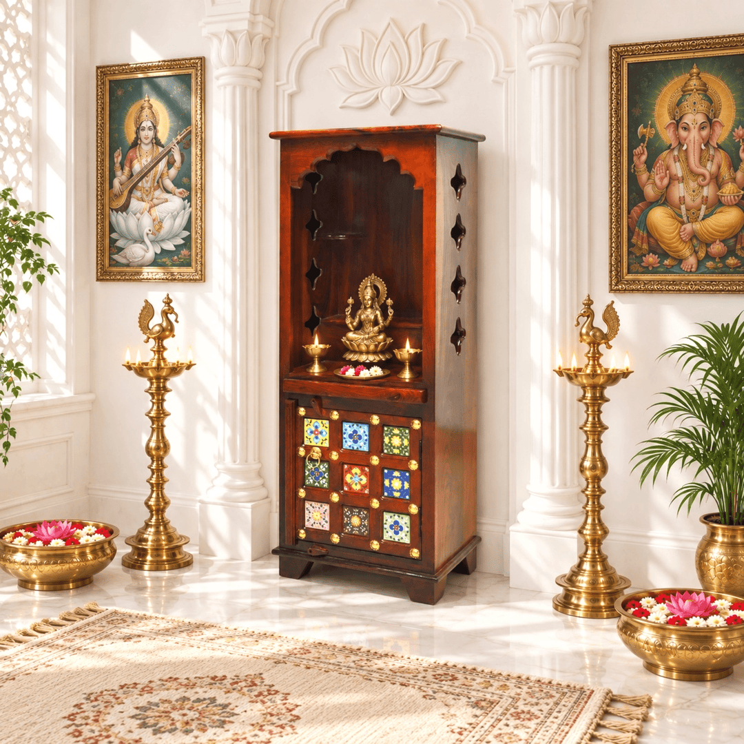 Tall and slim mango wood mandir with cupboard for home