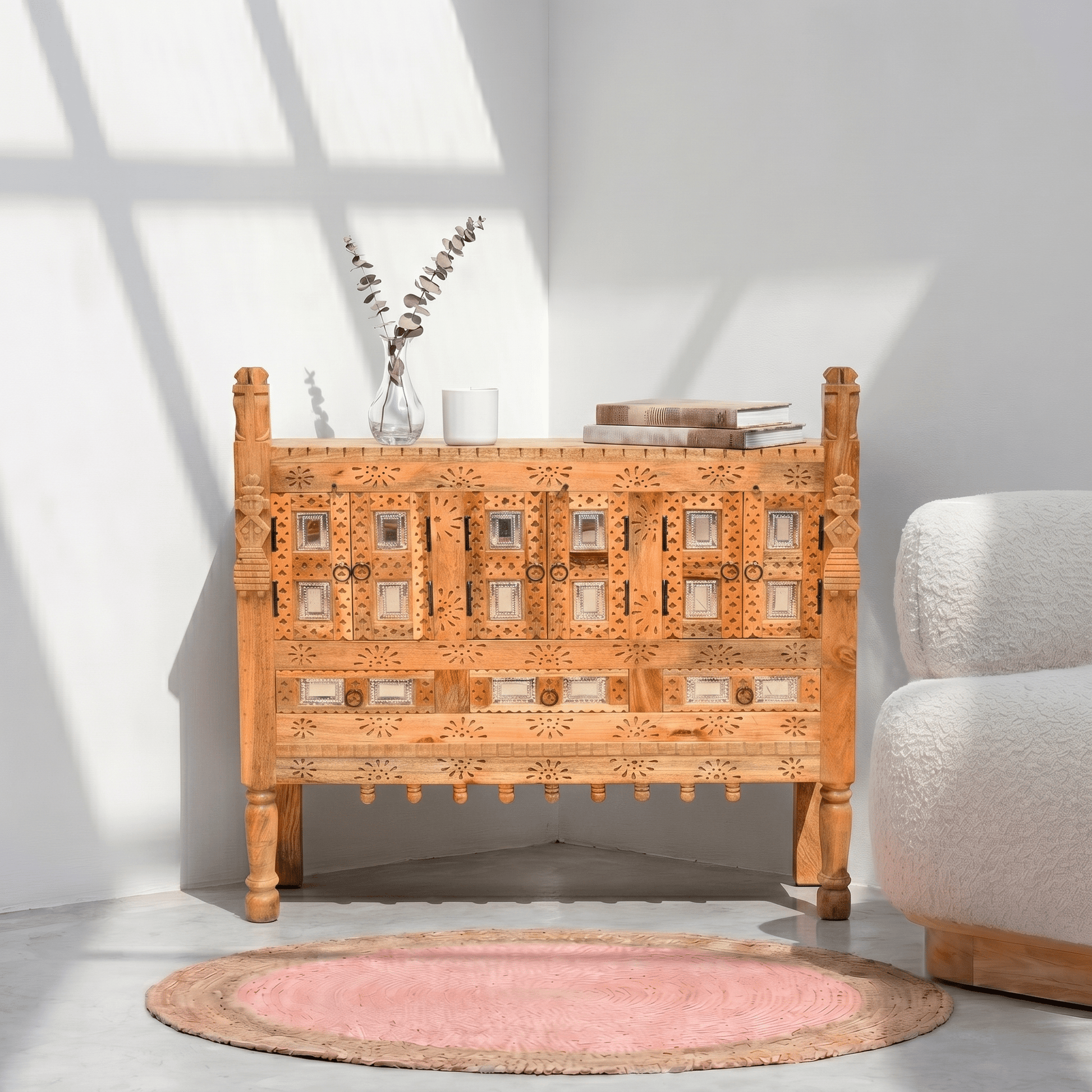 Wooden damchiya Cabinet – Boho Storage Sideboard