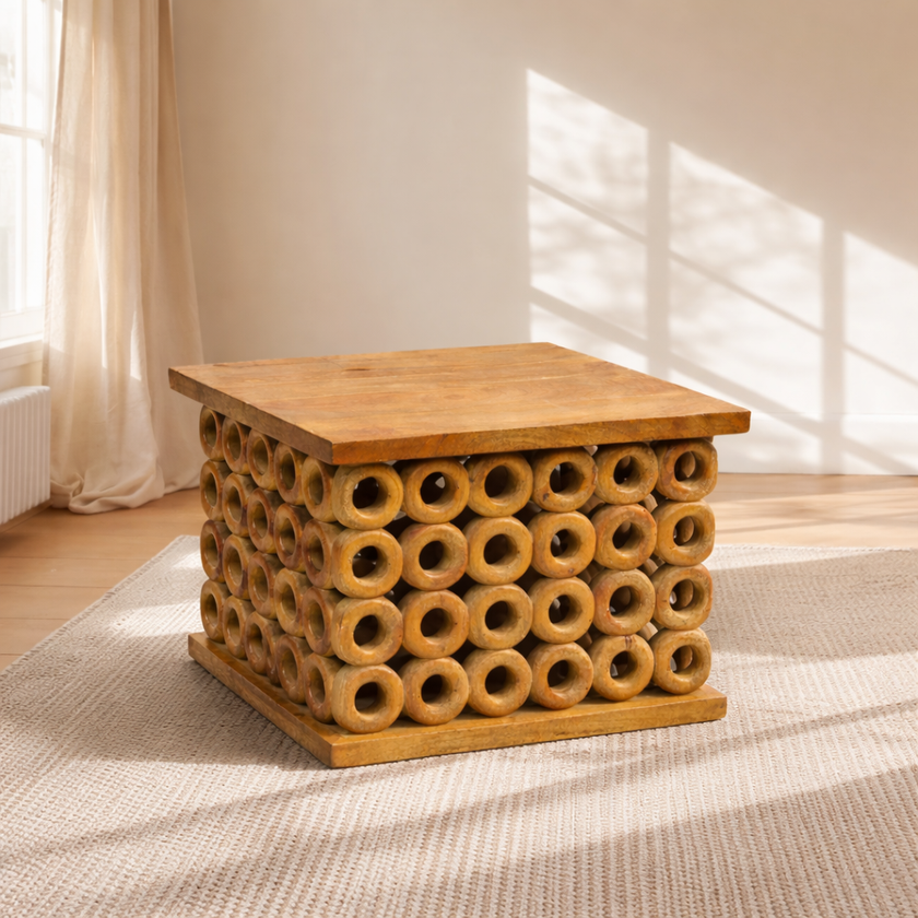 Mango wood tea table UAE, hand carved wooden tea table Dubai, solid mango wood table Abu Dhabi, wooden tea table Sharjah