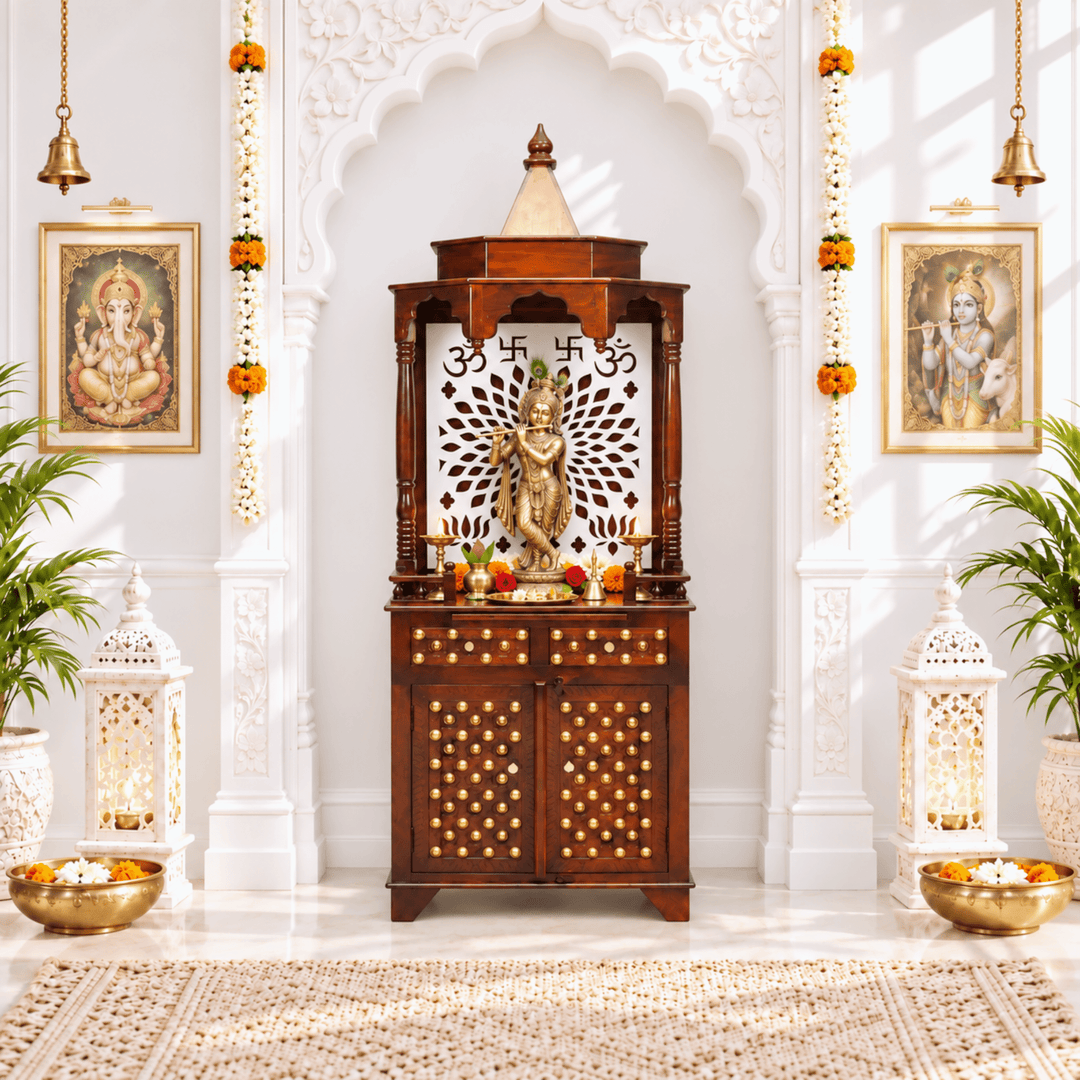 Premium Mango Wood Brass Ornament Work Temple