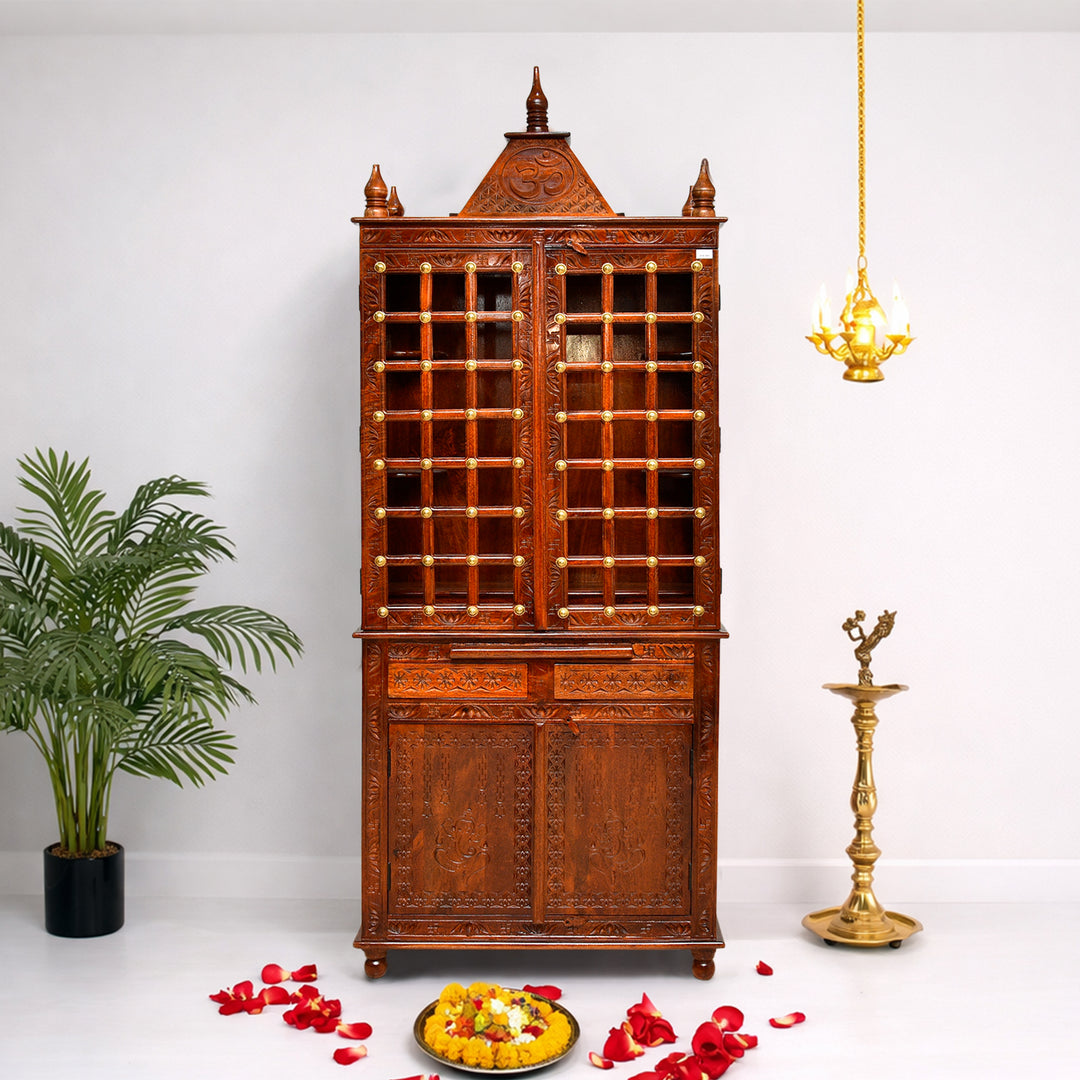 Hand made mango wood home temple with door in cut work