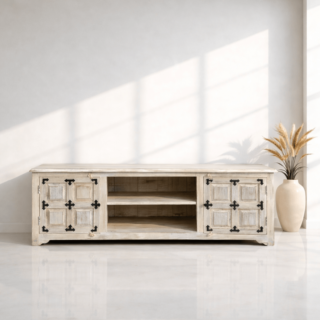 Solid Natural Wood vintage TV Stand White Finish | Dubai Sharjah UAE