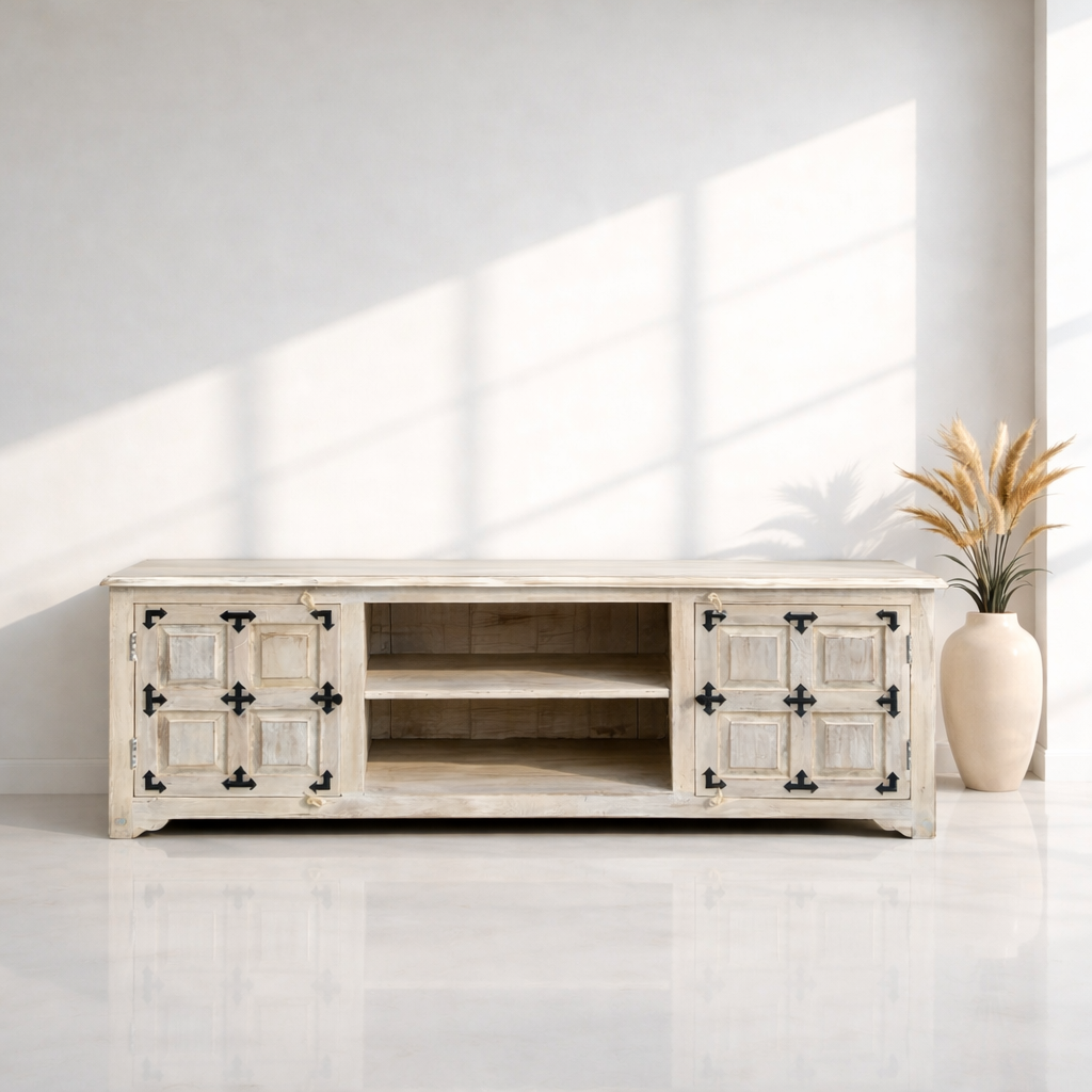 Solid mango wood tv unit, White antique mango wood tv, Mango wood tv stand UAE, Mango wood tv stand Dubai