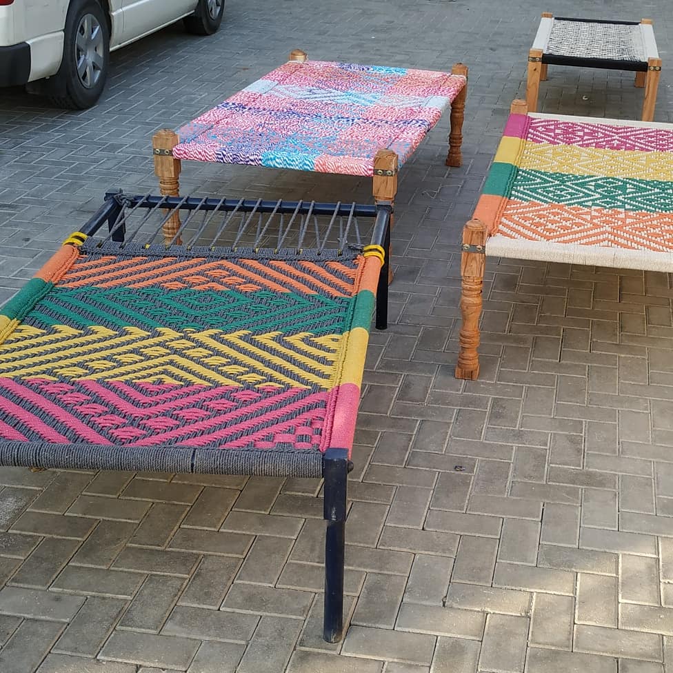 Traditional Indian multicolor weaving charpai with metal frame