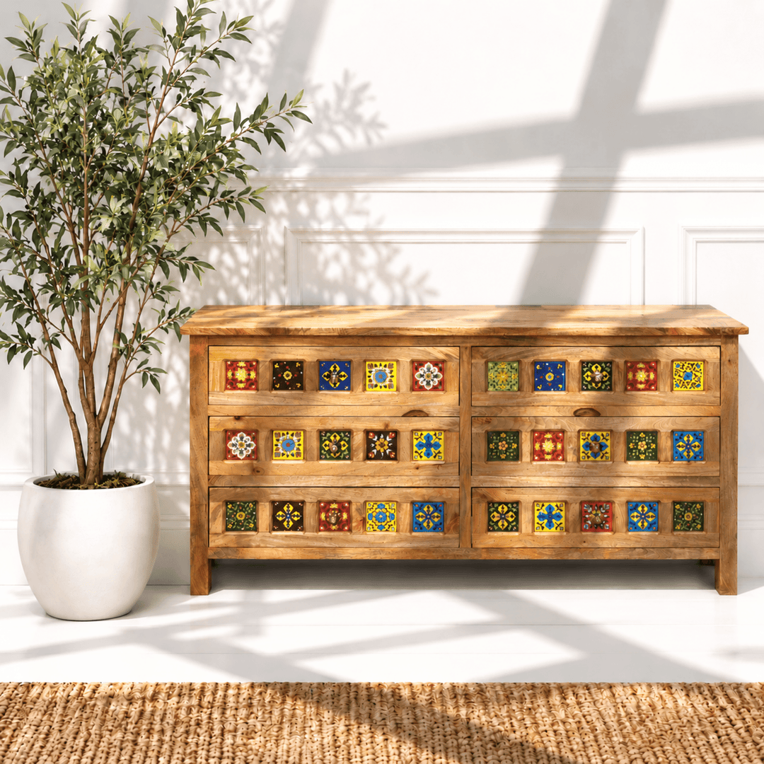 Elara Artisan Tile Solid Mango Wood Chest – 6-Drawer Storage Dresser