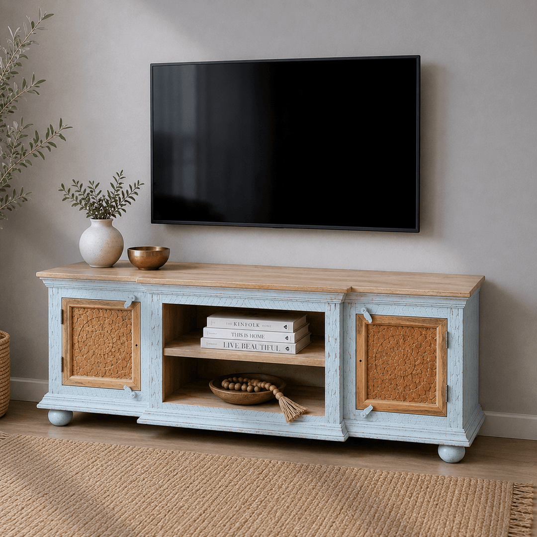 The Bohemia Hand Carved Mango Wood TV Unit | Rustic Blue UAE | Dubai
