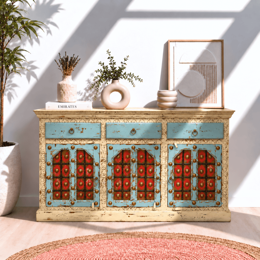 Luxe Boho Hand-Painted vintage Sideboard Cabinet & mirror