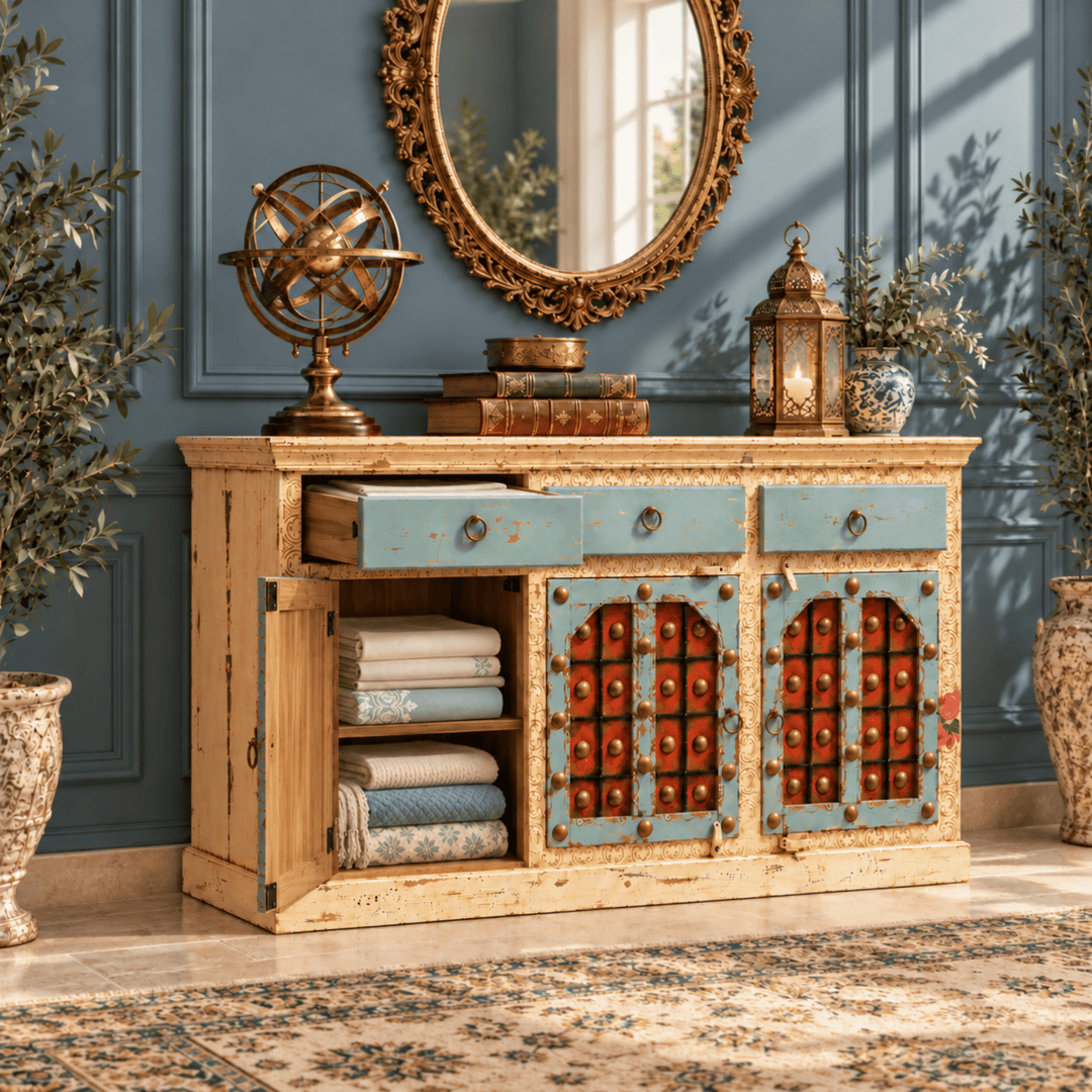 Luxe Boho Hand-Painted vintage Sideboard Cabinet & mirror