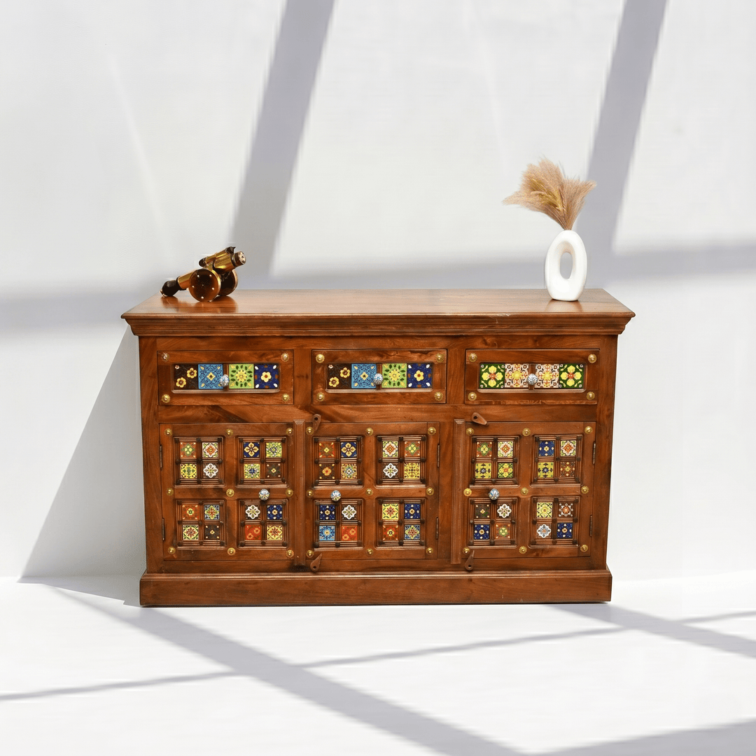 Bohemian Wooden Sideboard with Tile Work | Dubai