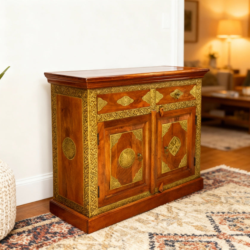 Indian mango wood sideboard UAE
Brass design wooden cabinet UAE
