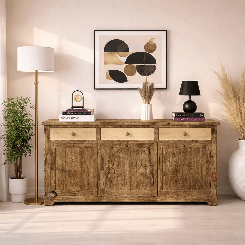 Rustic heritage solid wood side cabinet with 3 drawer & with 3 doors