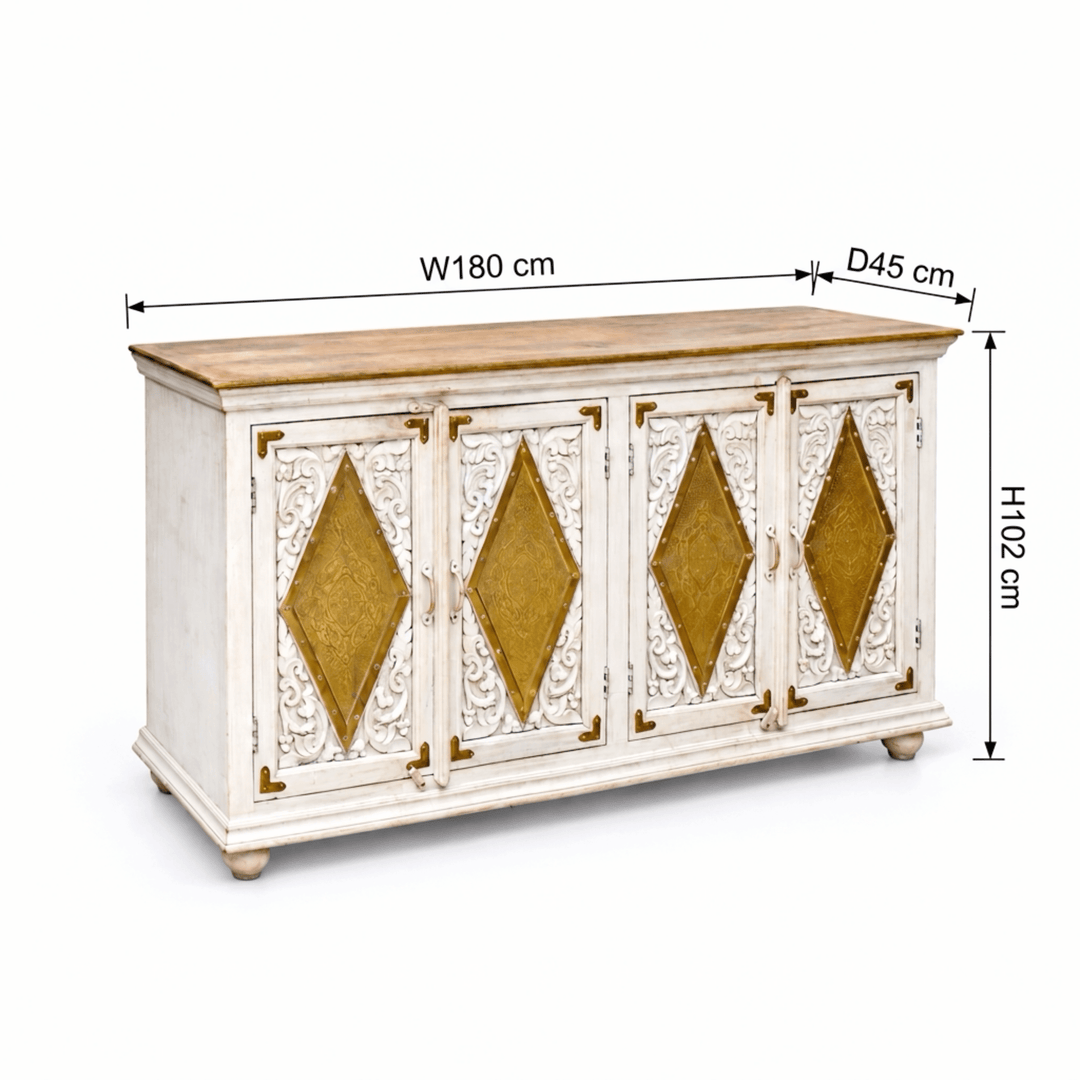 Aurelia Haveli Hand-Carved Solid Mango Wood Sideboard with Brass Inlay
