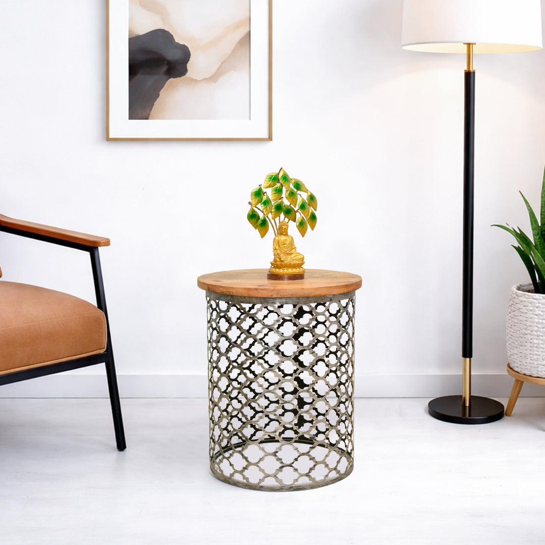 Moroccan style metal & wood accent table with antique finish
