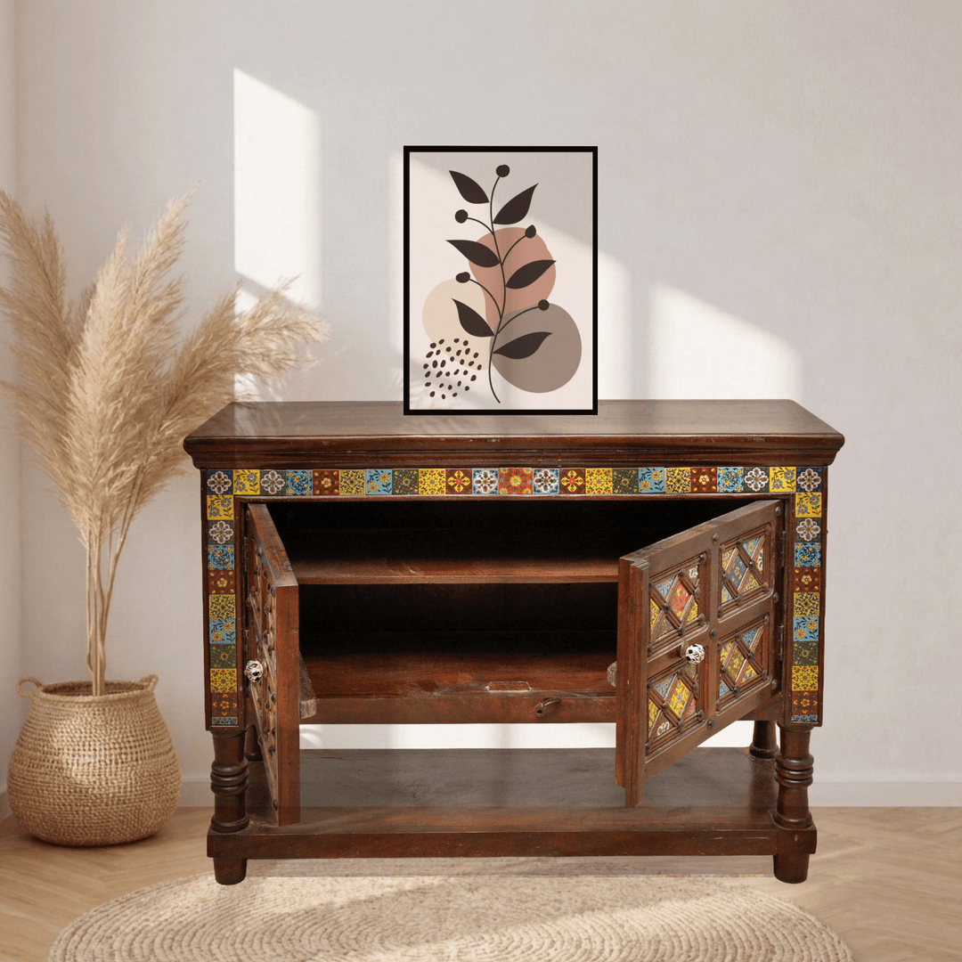 Bohemian Moroccan Tile Inlay Sideboard Cabinet UAE Sheesham Wood