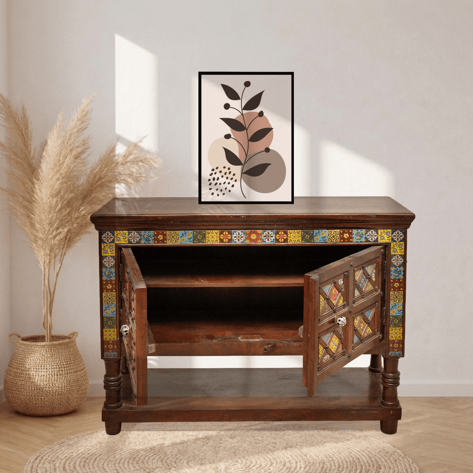 Bohemian Moroccan Tile Inlay Sideboard Cabinet UAE Sheesham Wood