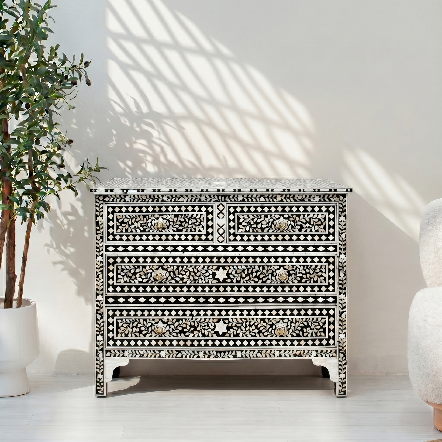Mother of pearl furniture showroom, Bone inlay furniture wholesale UAE, Handcrafted dresser retail store Dubai, Buy bone inlay chest online,