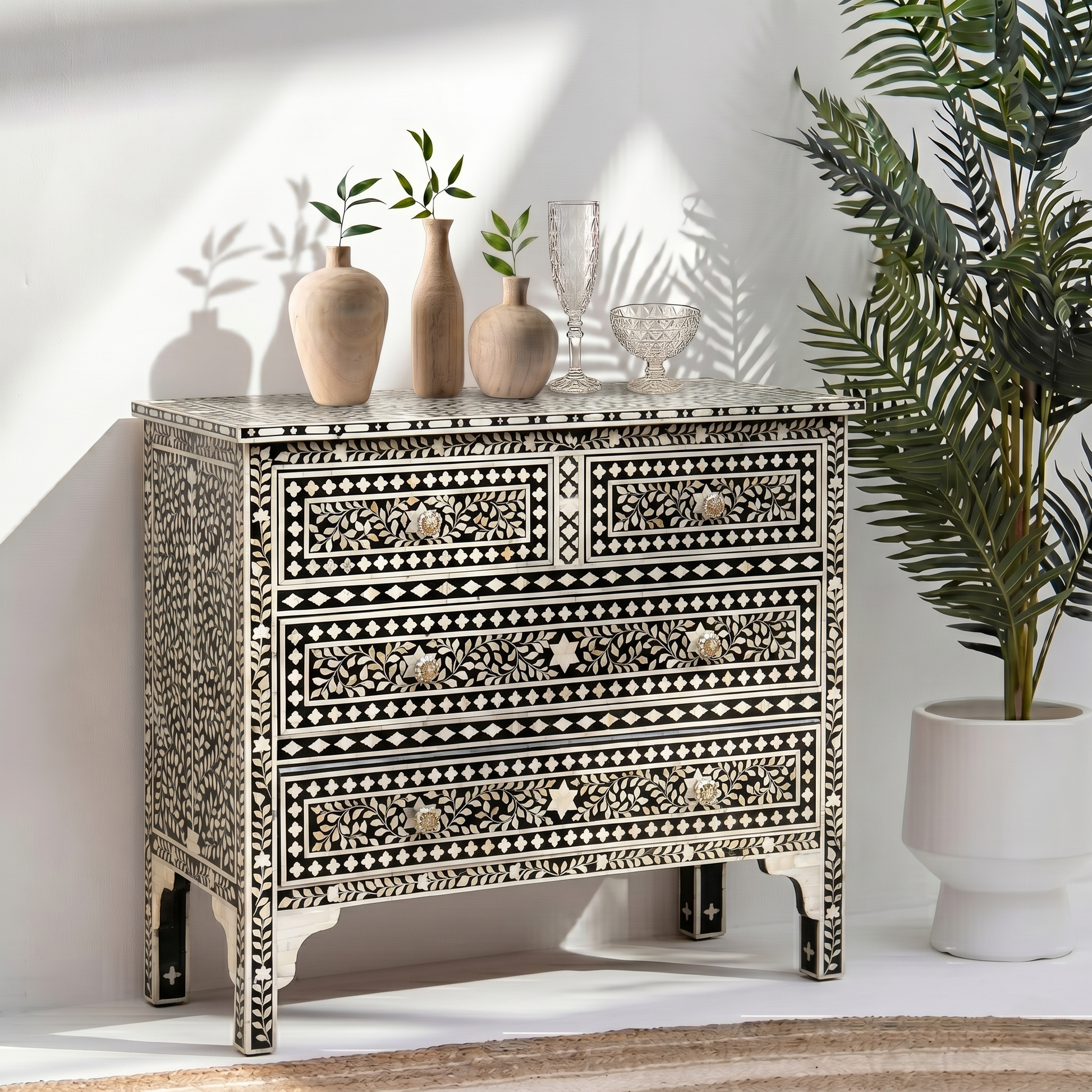 Boho chic black & white yasmine dresser, bone inlay chest