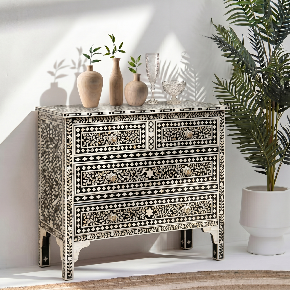 Boho chic black & white yasmine dresser, bone inlay chest