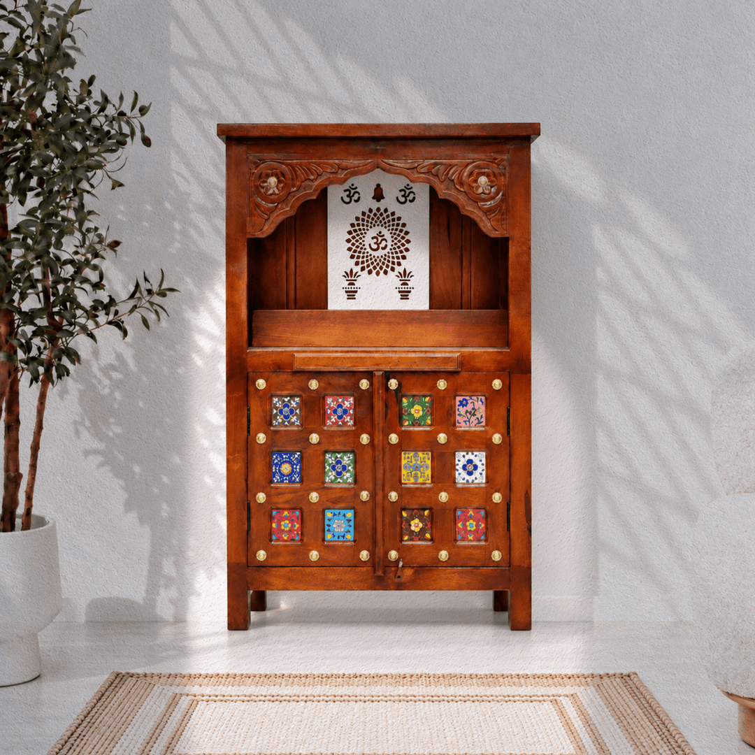 Mango Wood Pooja Mandapam with Om Design and Drawer