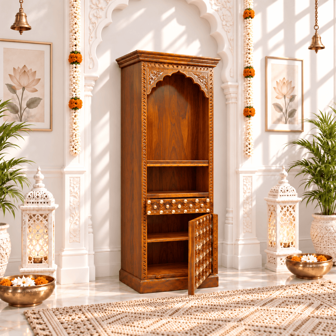 Tower-Style Rosewood Home Mandir with Storage Shelves
