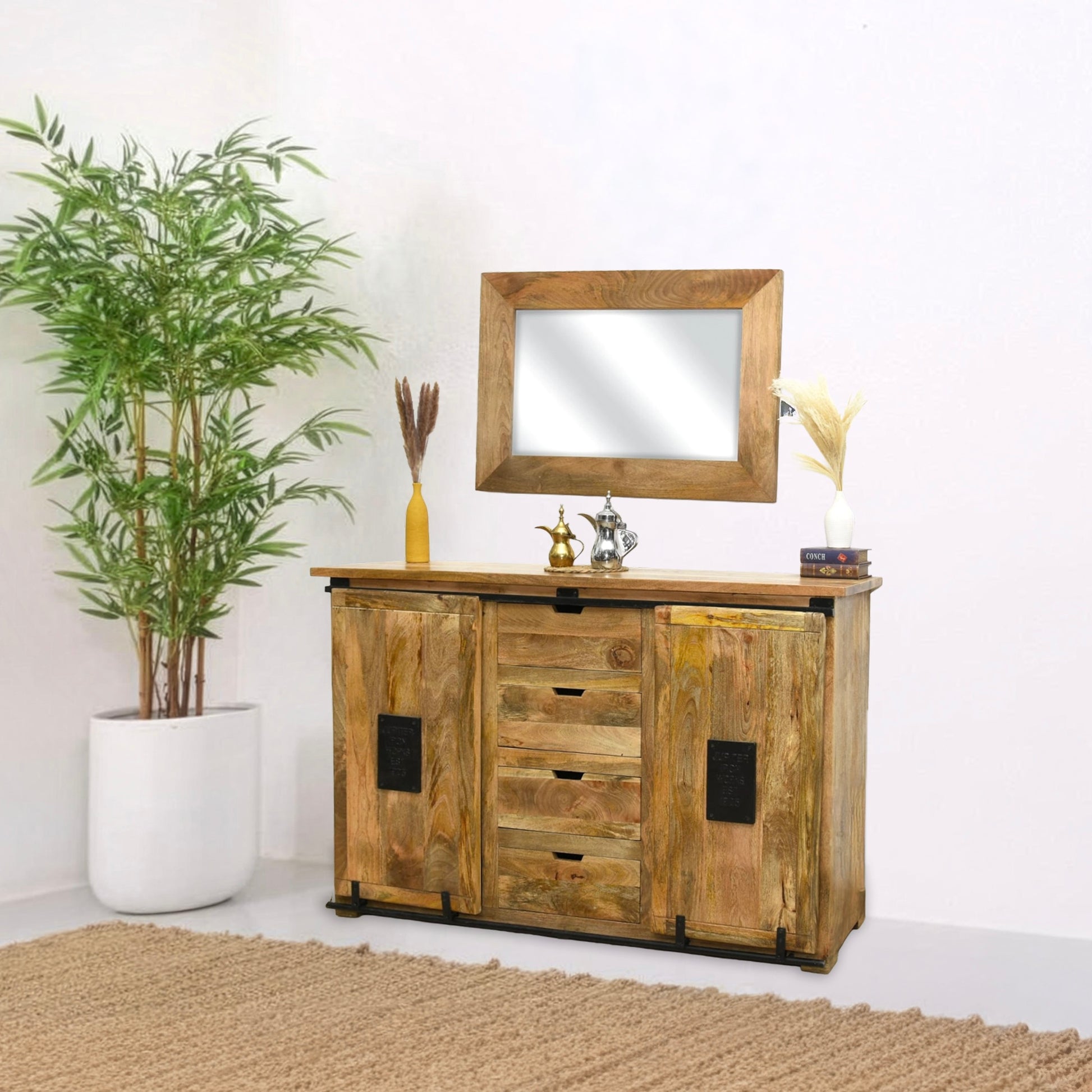 Natural mango wood side cabinet with natural wood finish