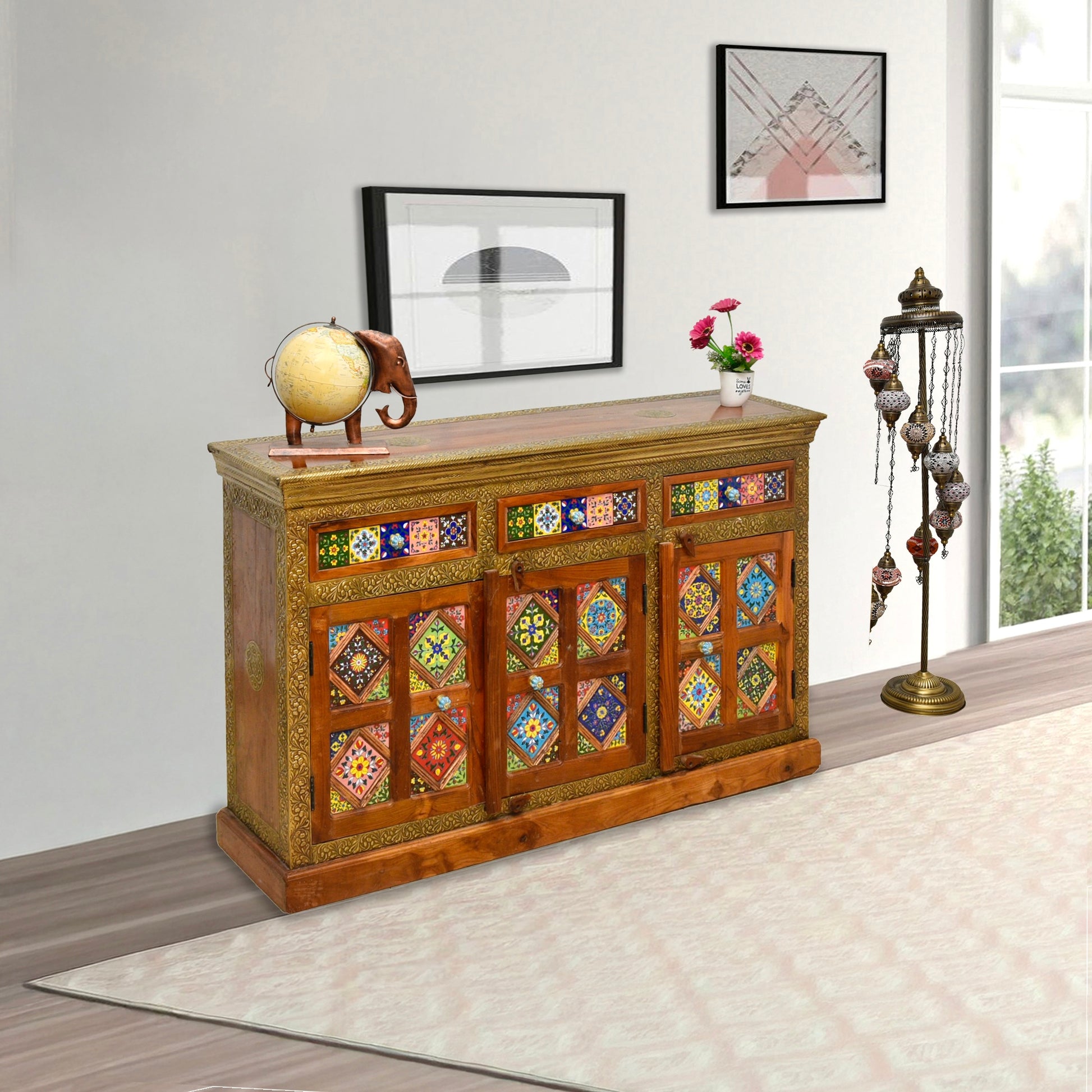 Solid wood sideboard with wood color finish with tiles work