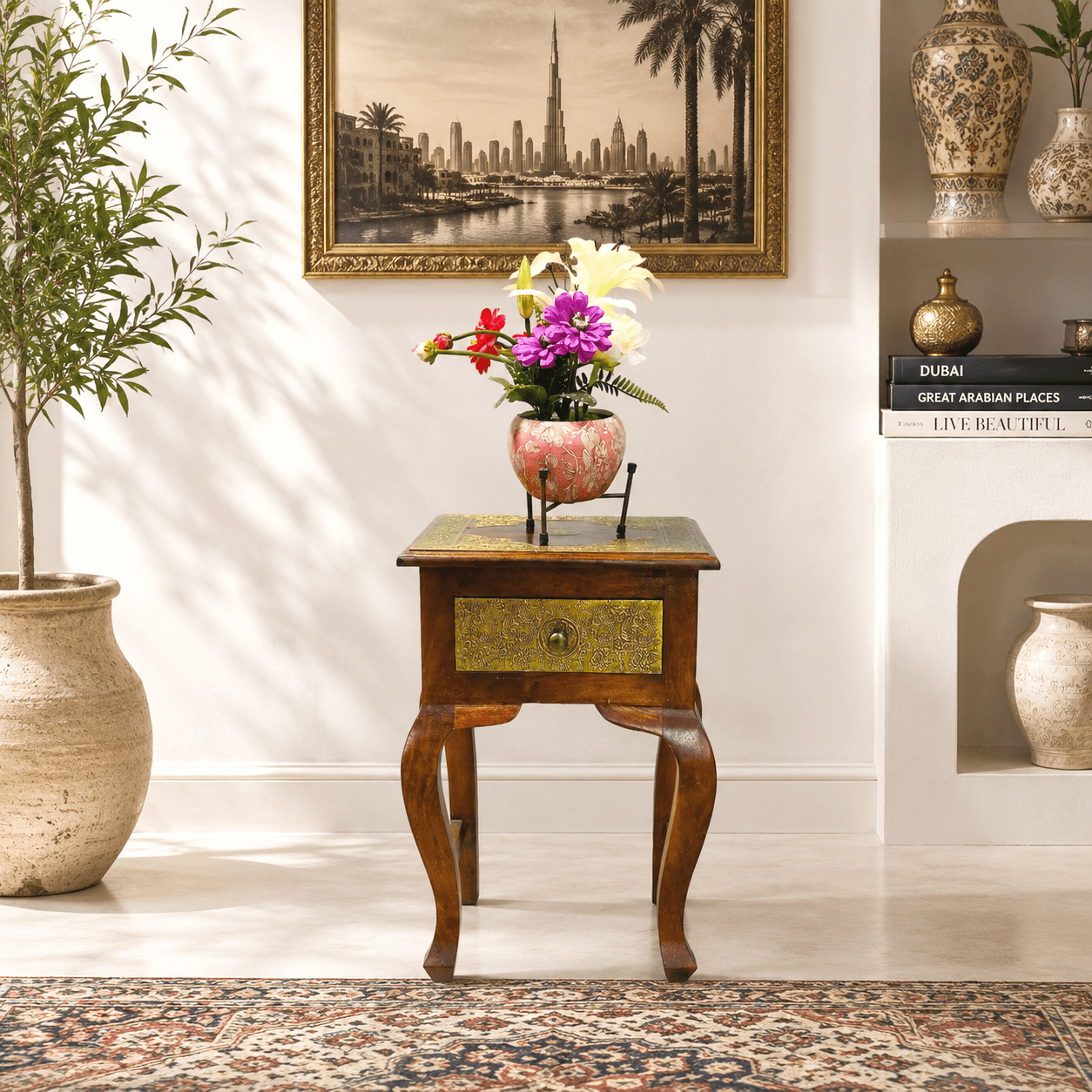 Wooden Square Table with Brass Fitting,
Antique Wooden Side Table,Sheesham Wood Furniture UAE,Handcrafted Wooden Table with Brass Work,Solid Wood Indian Furniture,Wooden Side Table with 4 Legs,