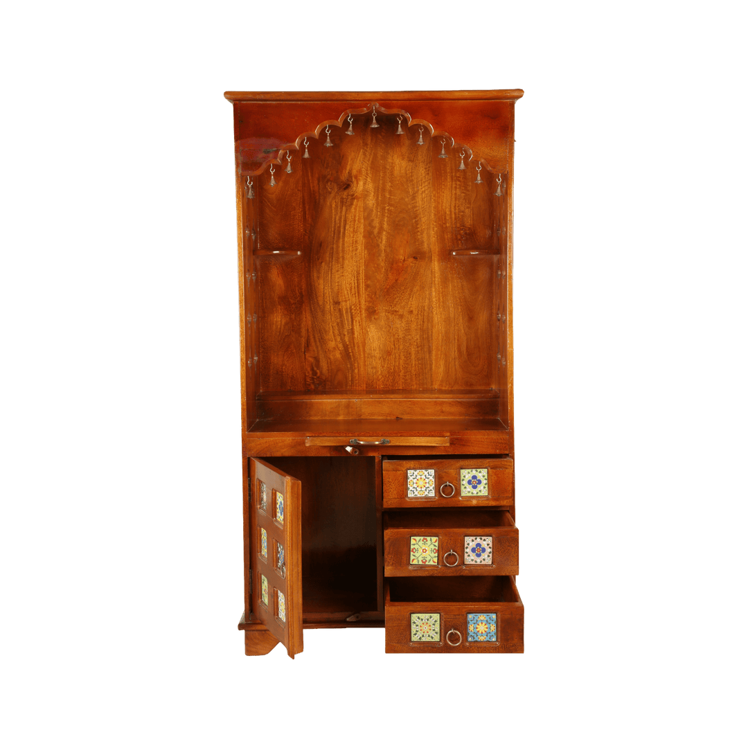 Handicrafted solid mango wood home temple with natural wood finish