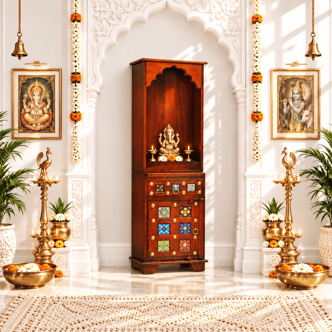 Tall and slim mango wood mandir with cupboard for home