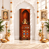 Tall and slim mango wood mandir with cupboard for home