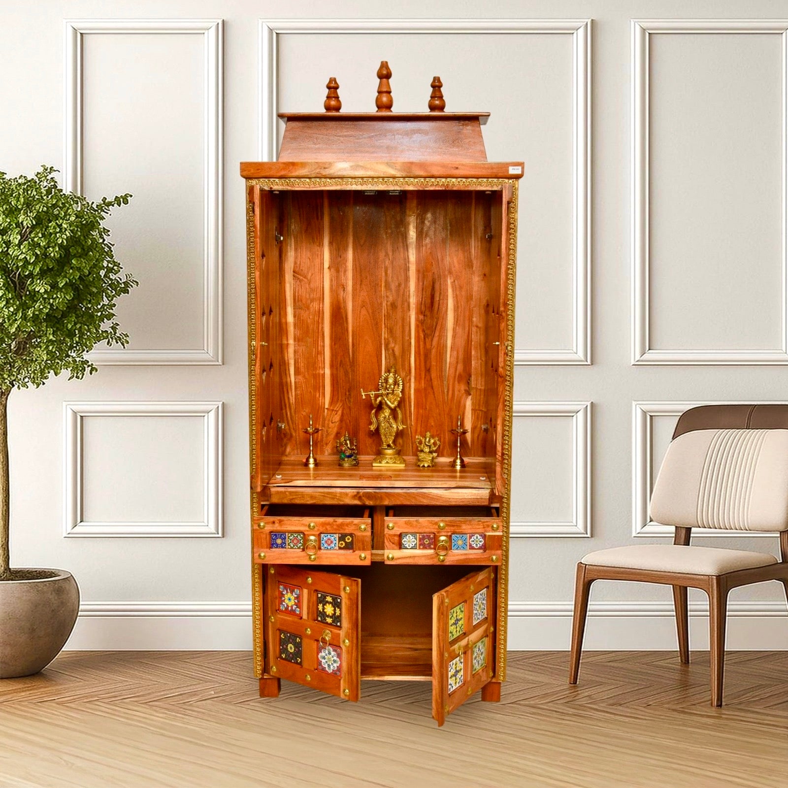 Indian solid mango wood pooja unit with tiles work