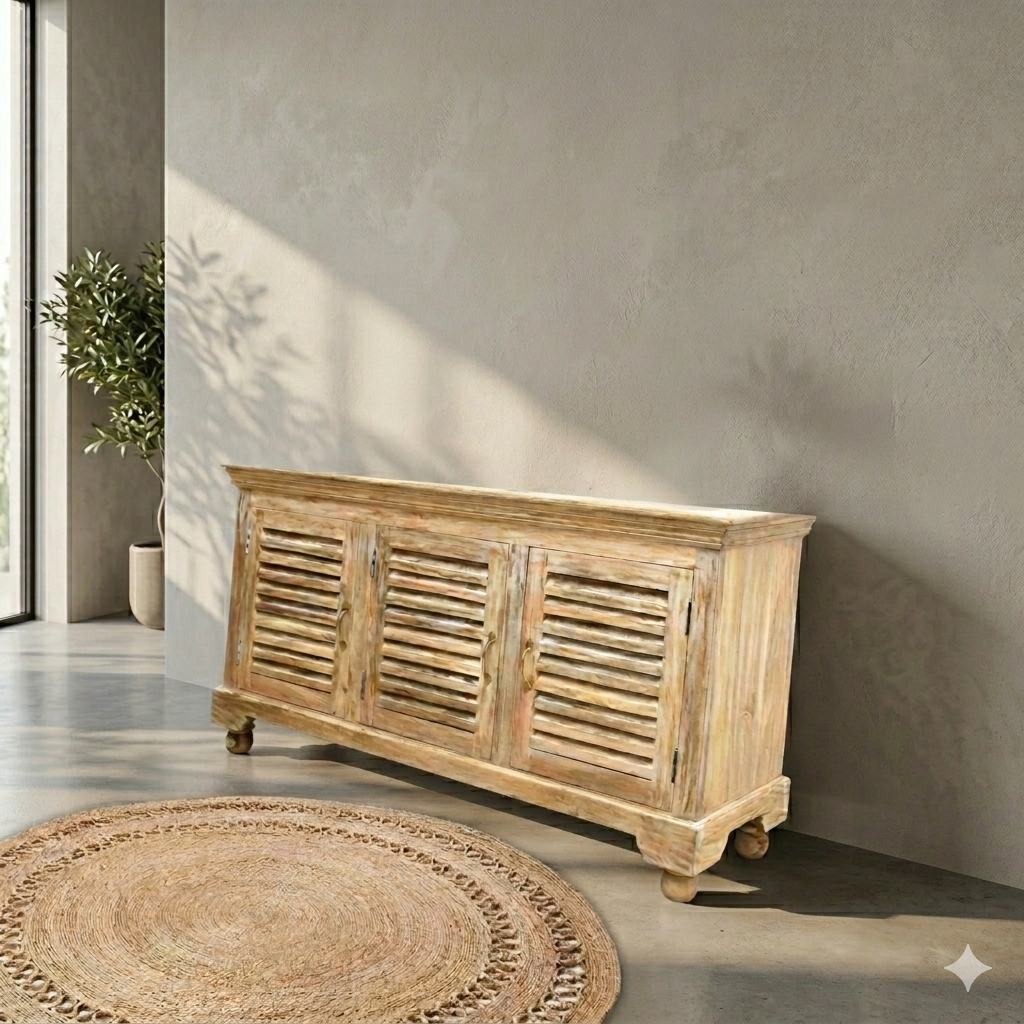 Wooden Sideboard With Natural Finish UAE, Solid Mango Wood Storage Cabinet Qatar, Three Drawer Wooden Sideboard Design Oman,