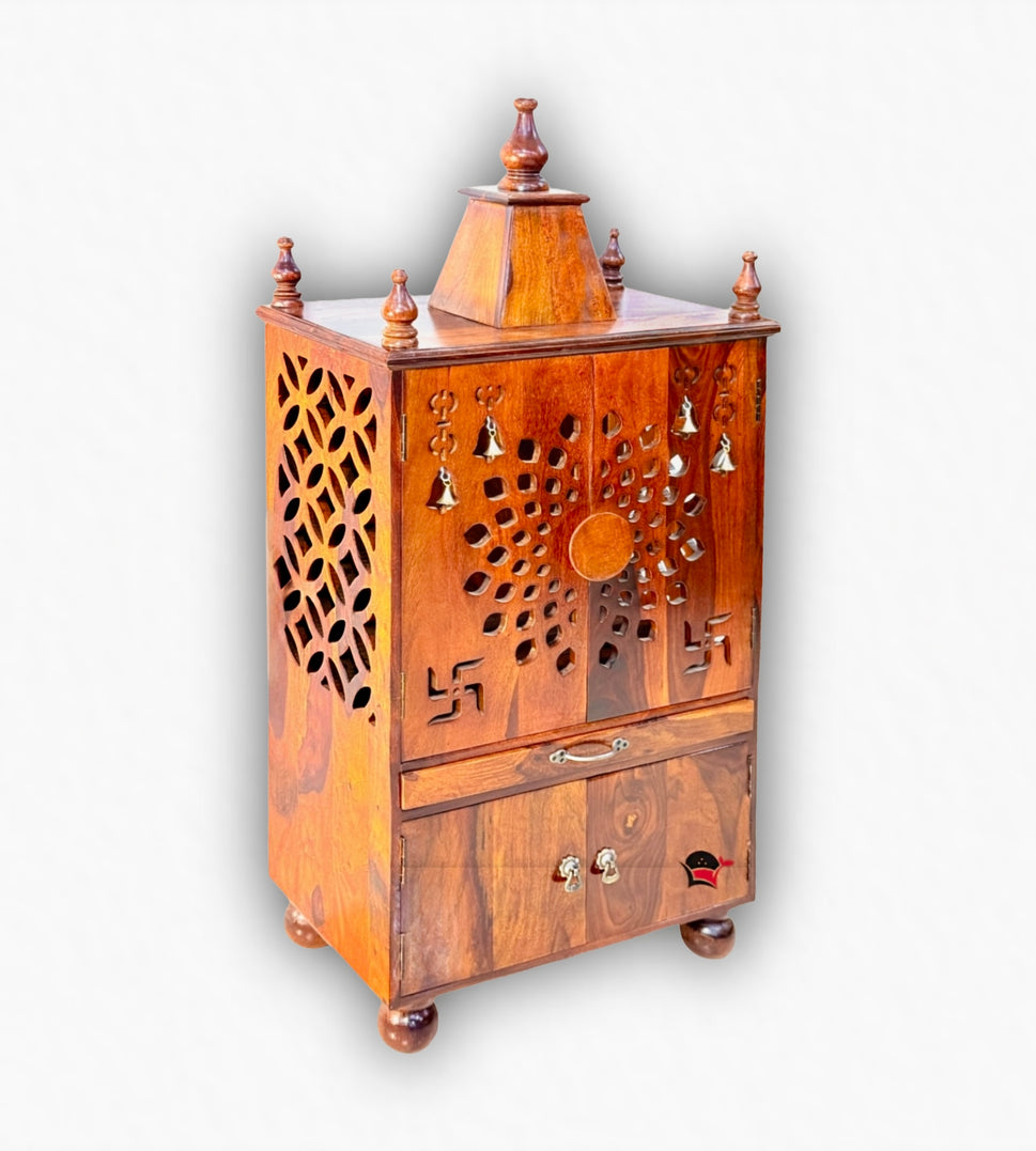 Wooden pooja home temple with door & storage box