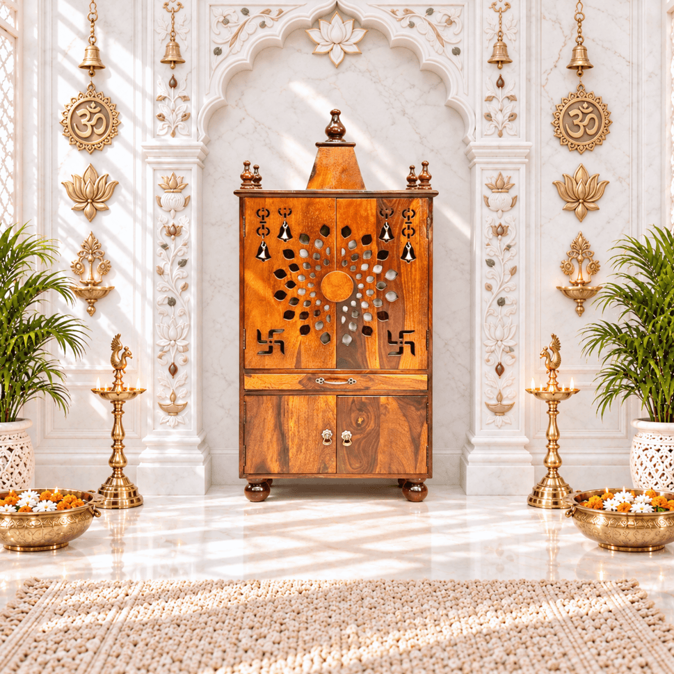 Wooden pooja home temple with door and storage box