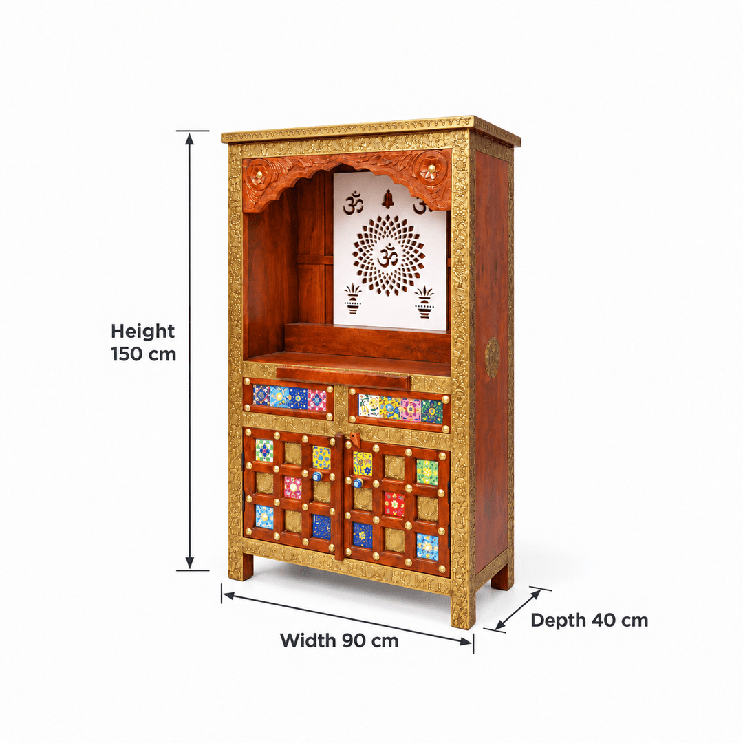 Handmade Mango Wood Temple Cabinet with Om and Diya Cutwork