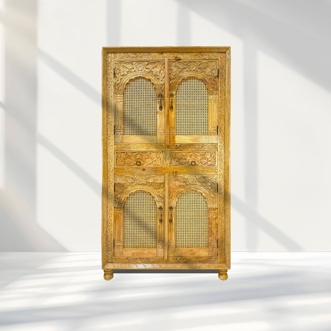 Hardwooden rattan cupboard with hand carving with natural wood finish