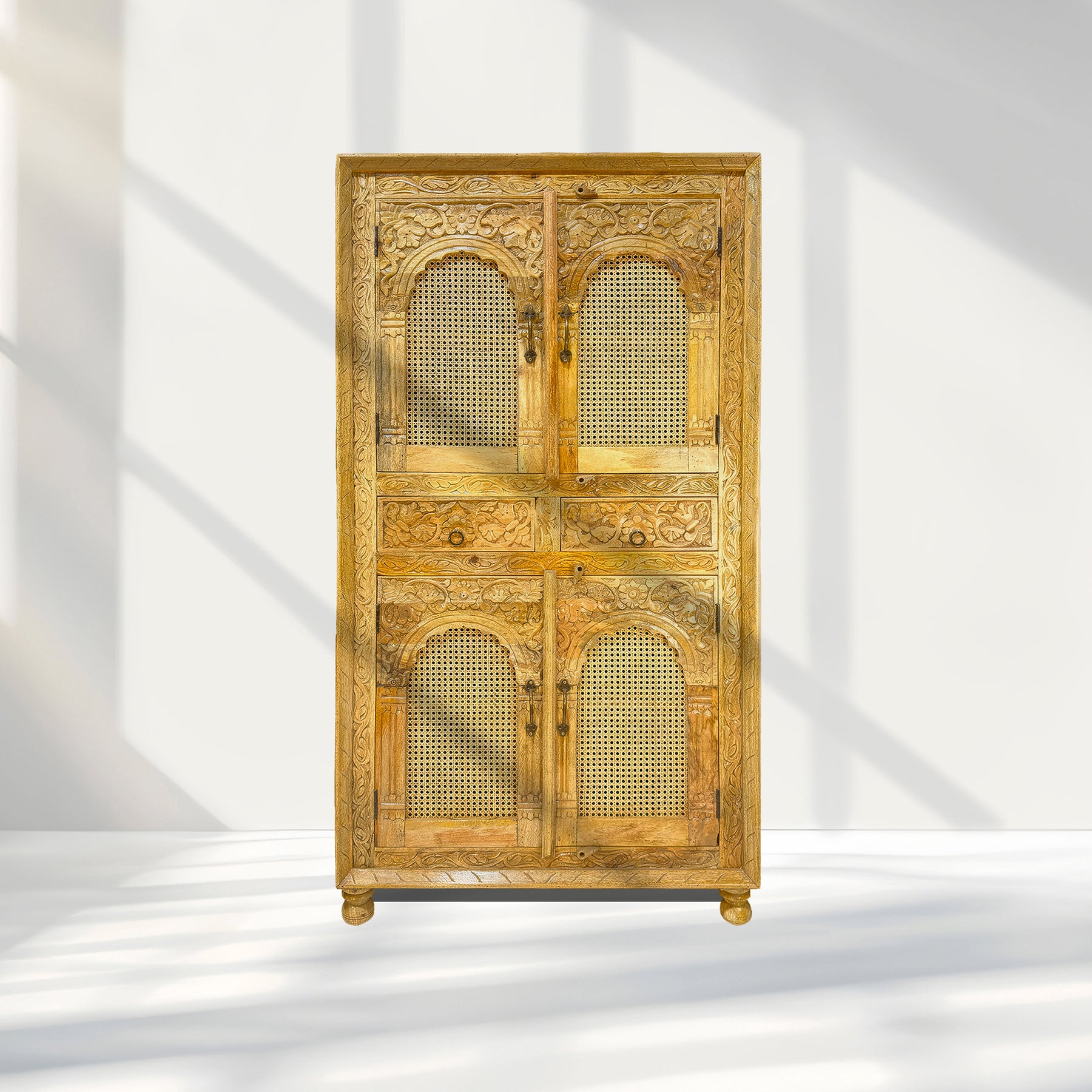 Hardwooden rattan cupboard with hand carving with natural wood finish