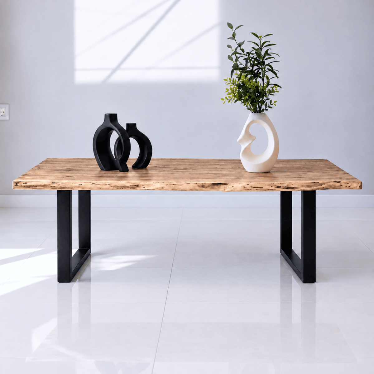 U-shaped iron-leg table, heavy-duty metal-leg table, industrial iron-base dining table, powder-coated iron-leg table, matte-black metal-leg table, 