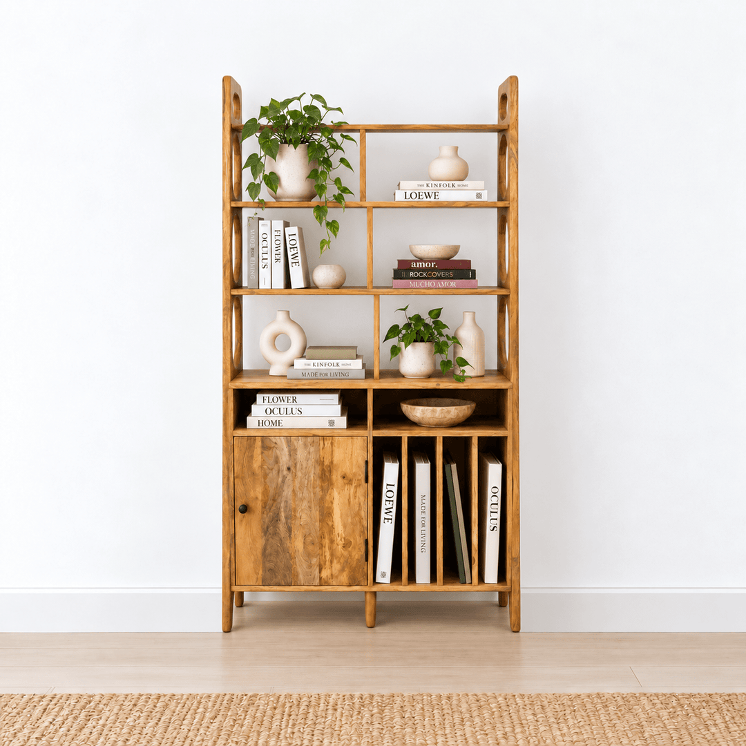 Hayat Natural Mango Wood Display Unit with Bookshelf Storage