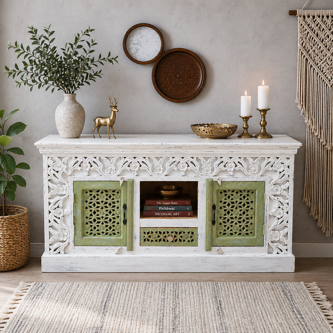 The Haveli Hand-Carved TV Unit UAE | Rustic Wooden Console Dubai