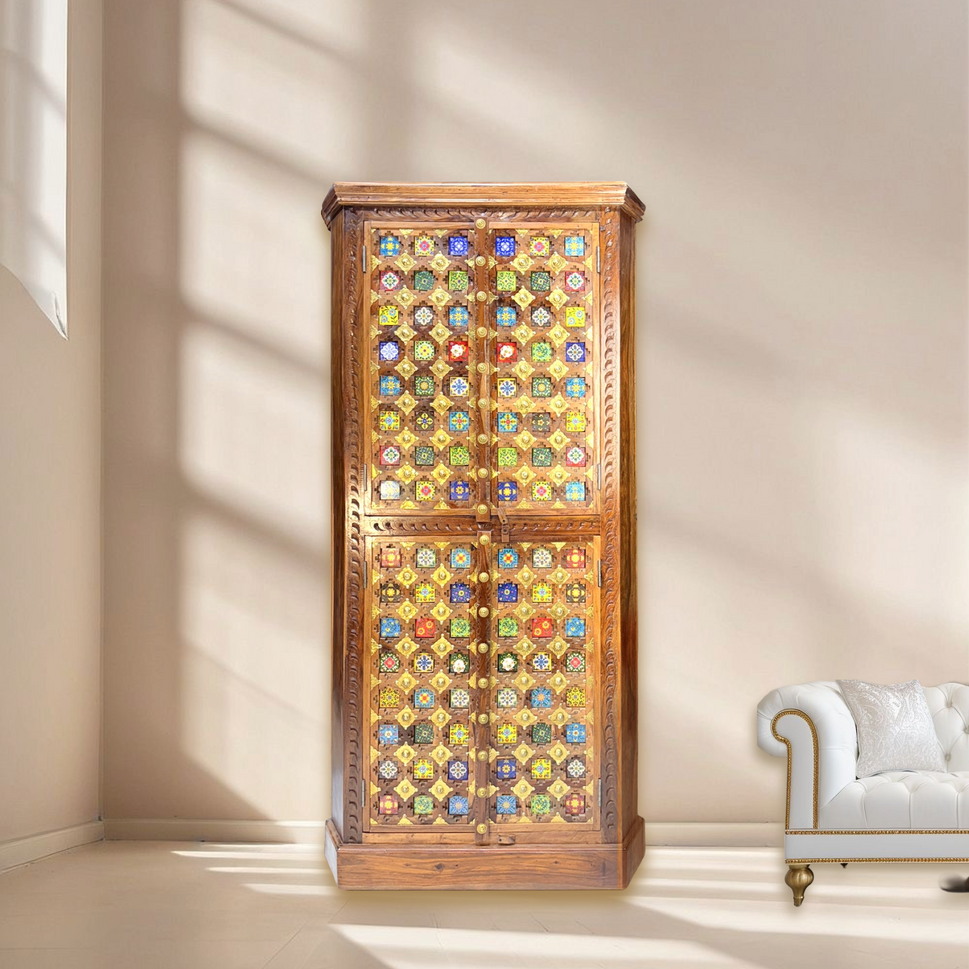 Handicrafted wooden tile cabinet with wood polish finish