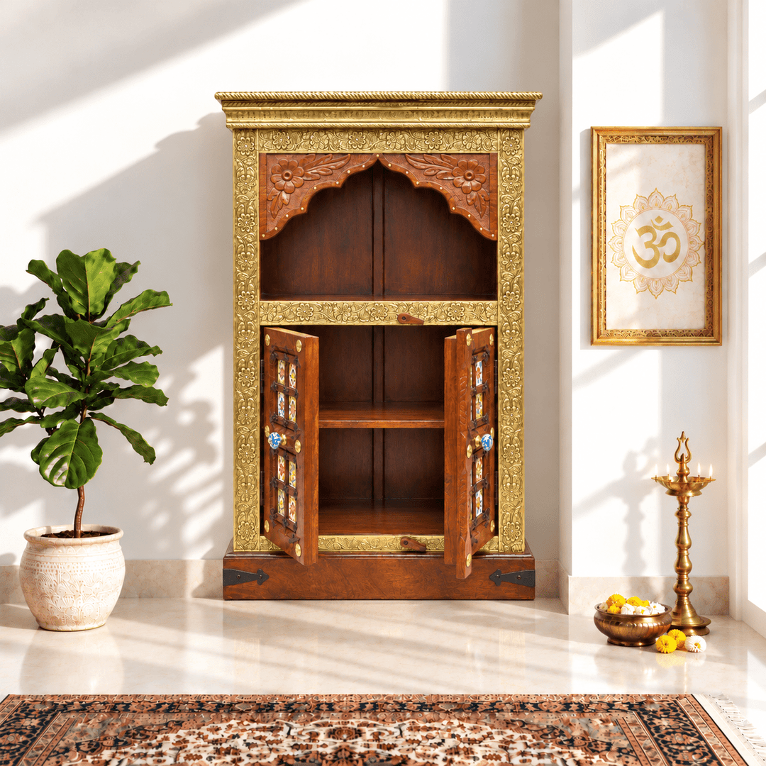 Indian Rosewood Pooja Mandapam with Brass and Tile Work