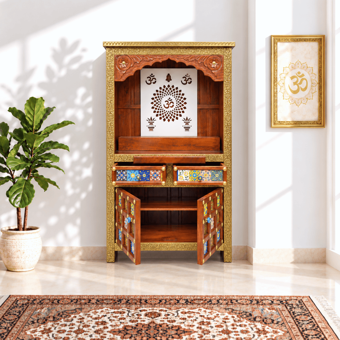 Handmade Mango Wood Temple Cabinet with Om and Diya Cutwork