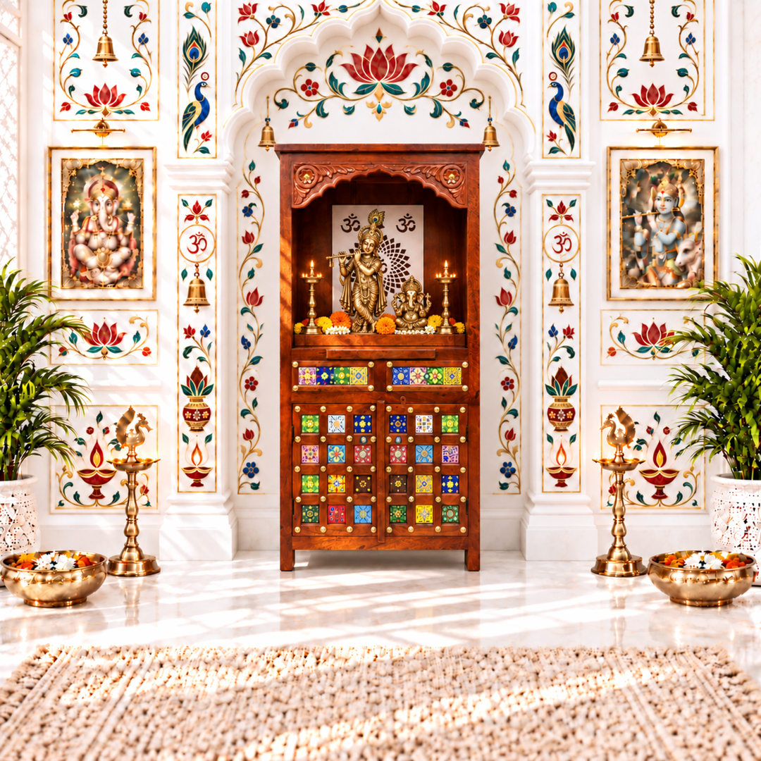 Mango Wood Pooja Mandapam with Om Design and Drawer