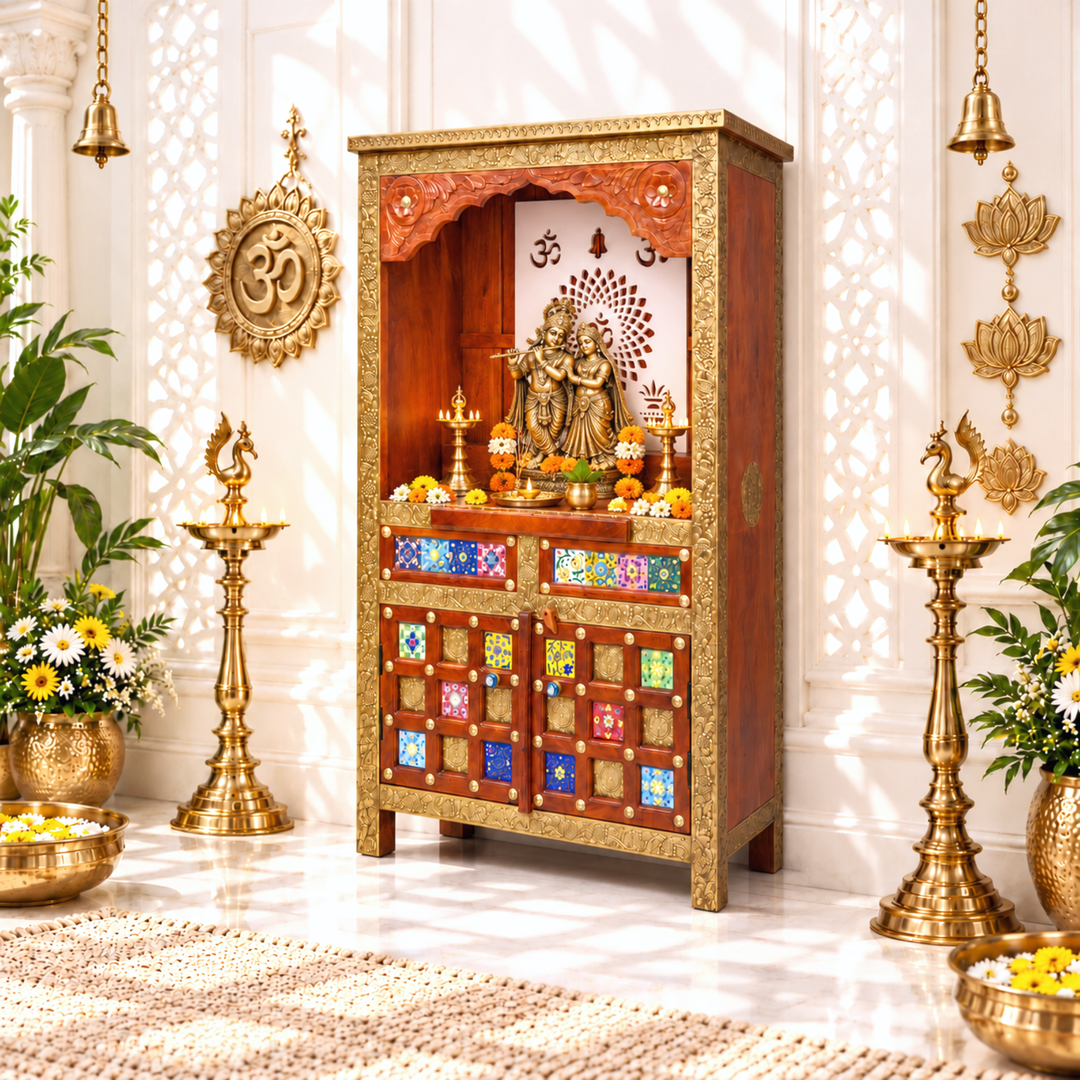 Handmade Mango Wood Temple Cabinet with Om and Diya Cutwork
