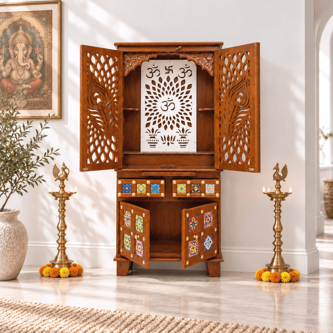 Handcrafted Mango Wood Home Temple with Carved Peacock Doors