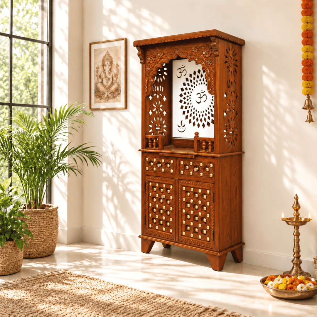 South Indian Classic Mango Wood Home Mandir with Brass Inlay Work