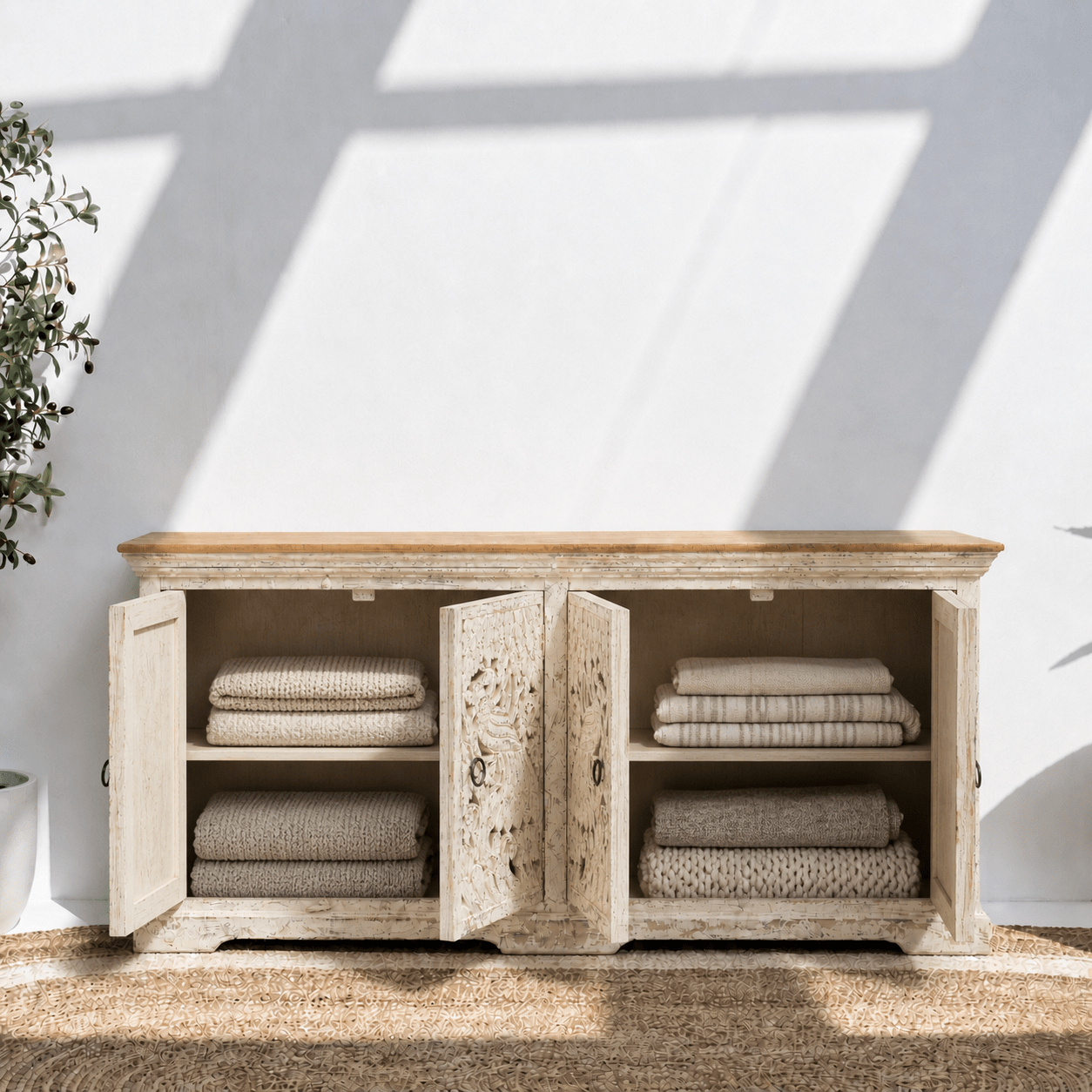 Hand carved solid wood sideboard cabinet storage for home