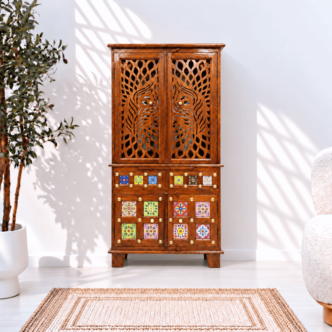 Handcrafted Mango Wood Home Temple with Carved Peacock Doors