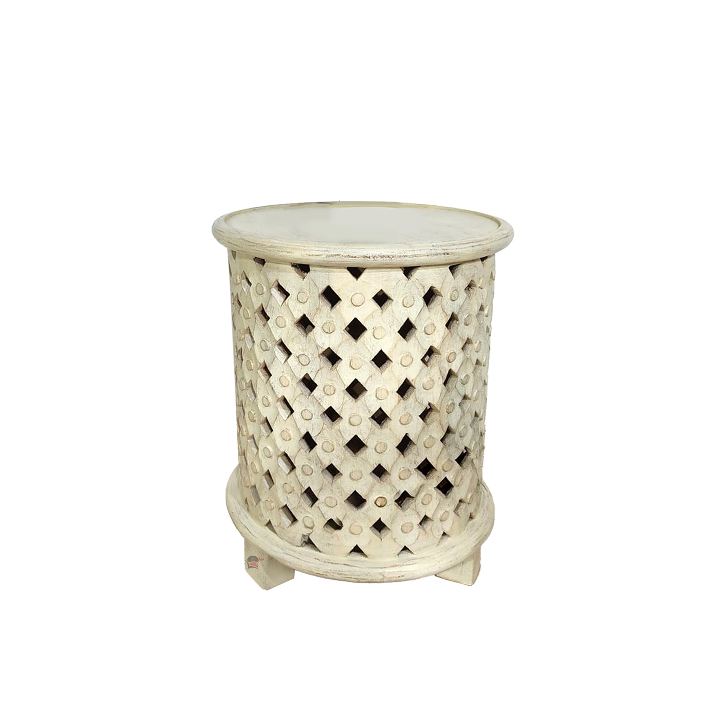 Carved Side Table White Finish – Handcrafted Accent Table